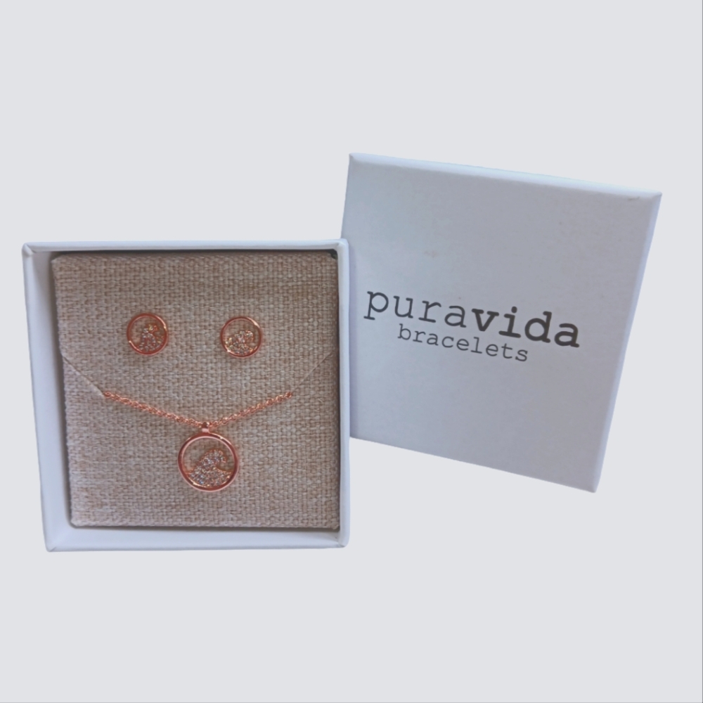 **New** Pura Vida Wave Necklace and Earring Set in Rose Gold